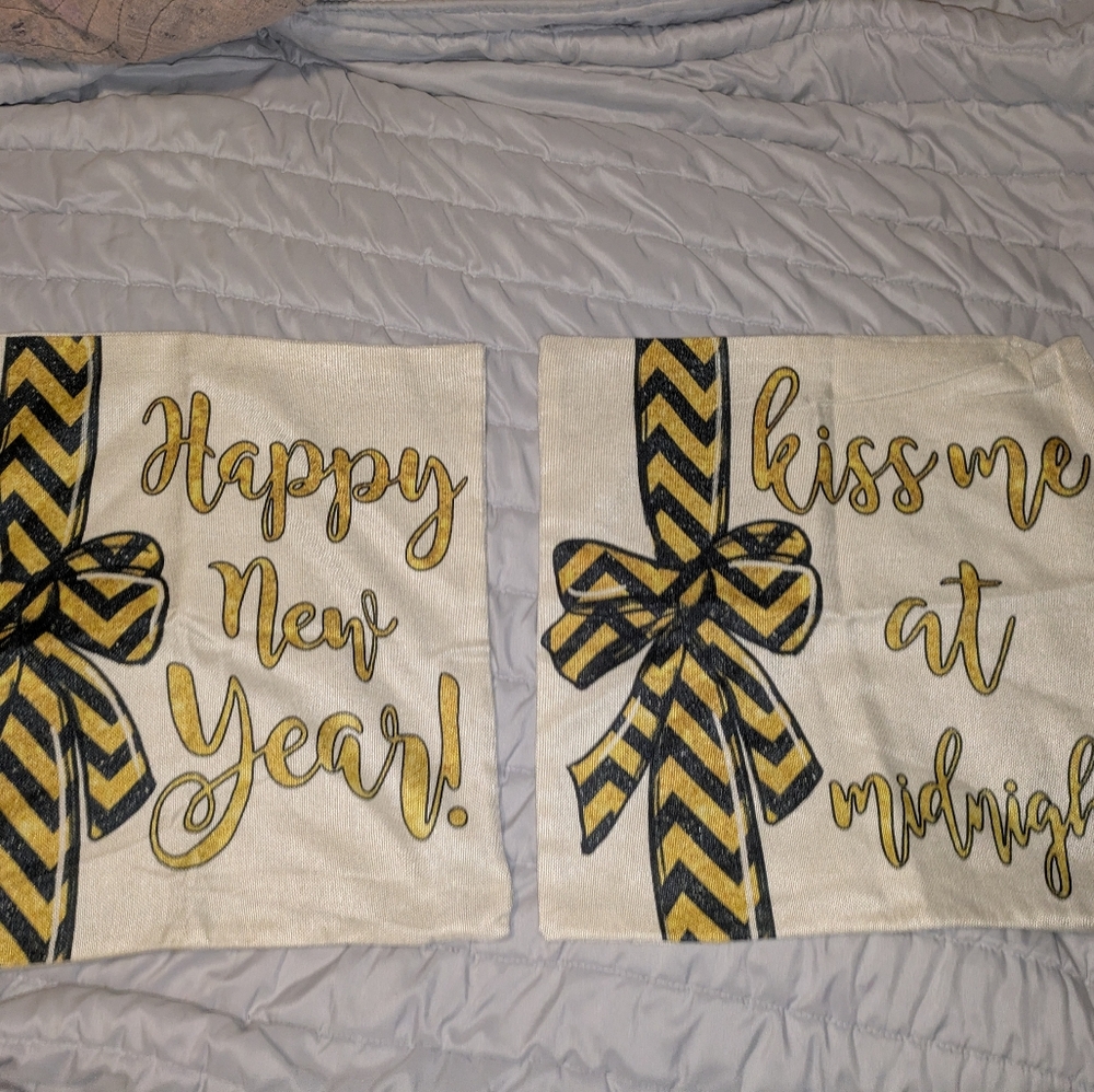 Festive New Year Pillow Covers with Gold and Black Bow Design